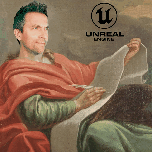 a painting of a man holding a piece of paper with the unreal engine logo in the corner