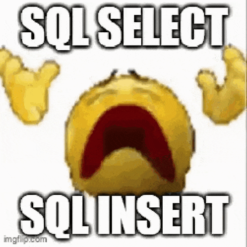 a yellow smiley face with a red mouth and the words `` sql select sol insert '' .