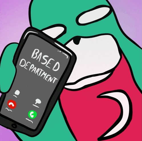 a cartoon of a person holding a cell phone that says based department