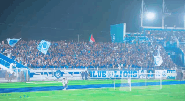 a soccer field with a blue banner that says blue lions