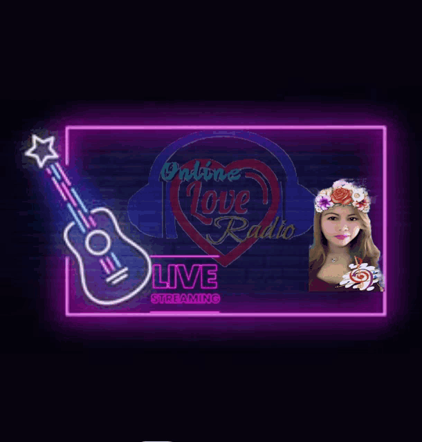 a neon sign for online love radio with a girl in a flower crown