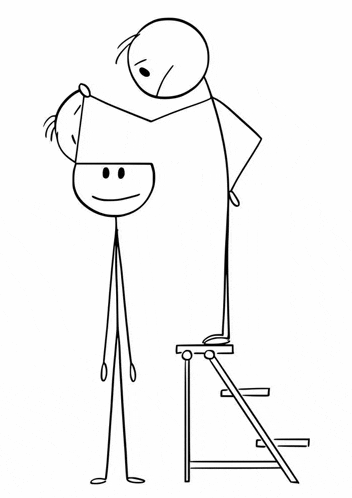 a black and white stick figure drawing of a man standing on a ladder holding a child .