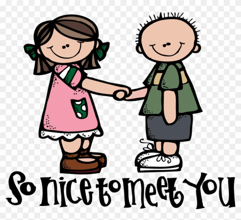 a cartoon of a boy and a girl shaking hands with the words so nice to meet you above them