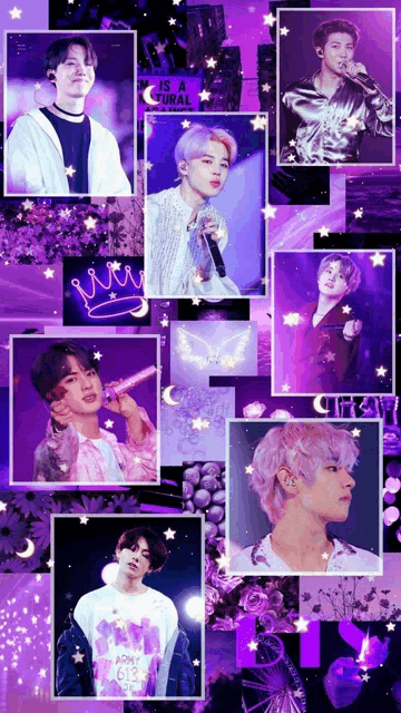 a collage of photos of a group of boys with purple backgrounds