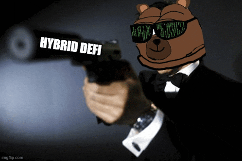 a cartoon of a man in a suit holding a gun with the words hybrid defi written on it