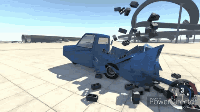 a blue car is being destroyed in a video game with power director at the bottom of the screen