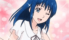 a girl with blue hair and blue eyes is giving a thumbs up sign .