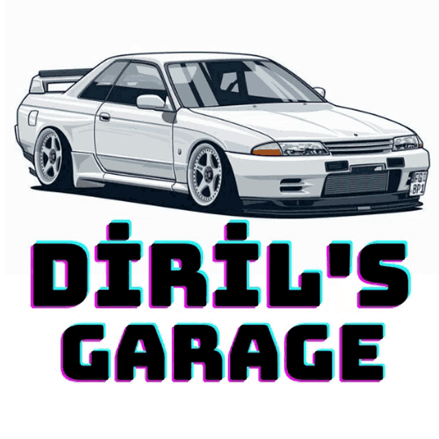 a drawing of a white car with the words " diril 's garage " underneath it