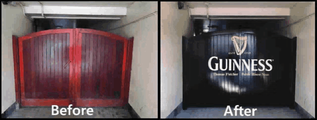 a before and after picture of a guinness garage door