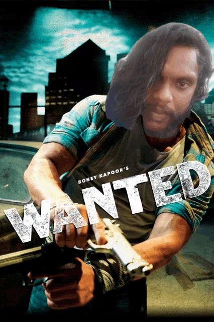 a movie poster for wanted shows a man with long hair holding a gun