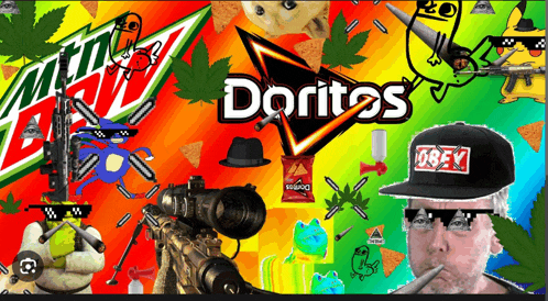 a poster for doritos with shrek smoking a cigarette and a man wearing a hat that says obey