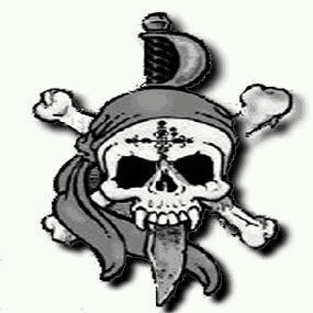 a black and white drawing of a pirate skull with a knife sticking out of it .