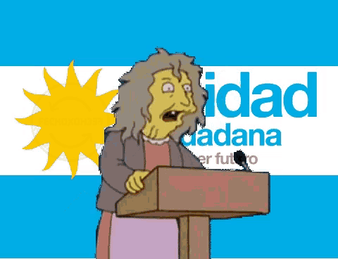 a cartoon character stands at a podium in front of a flag that says idad