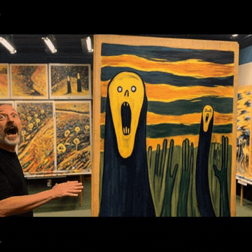 a man stands in front of a painting of a scream