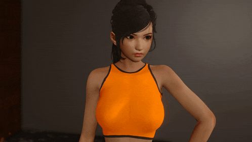 a 3d model of a woman wearing an orange top