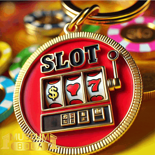 a gold coin with a slot machine on it