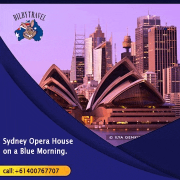 an advertisement for bilbytravel shows the sydney opera house on a blue morning