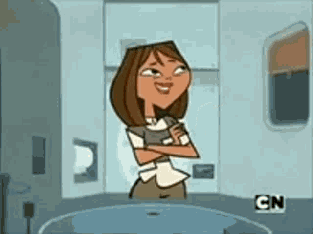 a cartoon character is standing in a room with her arms crossed and smiling .