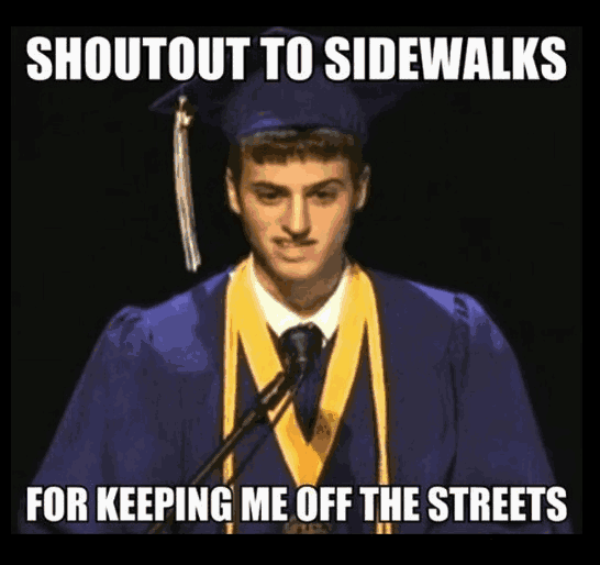 a man in a graduation cap and gown stands in front of a microphone with the caption shoutout to sidewalks