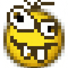 a pixel art illustration of a smiley face with a smirk on its face .