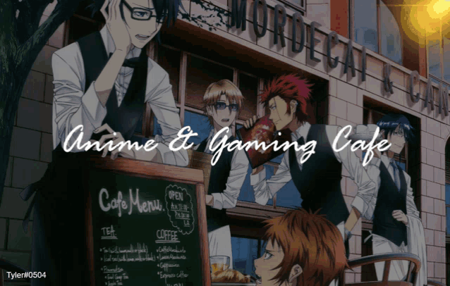 a group of anime characters are sitting outside of a cafe