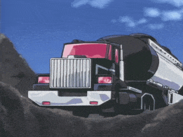 a black and white truck with a red headlight is driving down a dirt road