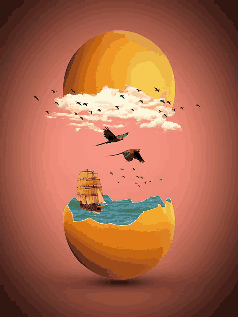 an orange sphere with birds flying out of it and a sailboat in the ocean