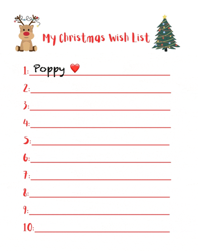 a christmas wish list for poppy with a reindeer and christmas tree