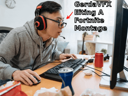 a man wearing headphones is playing a video game with the words gerdavfx elting a fortnite montage below him