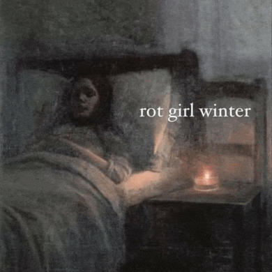 a painting of a woman laying in a bed with the words rot girl winter on the bottom