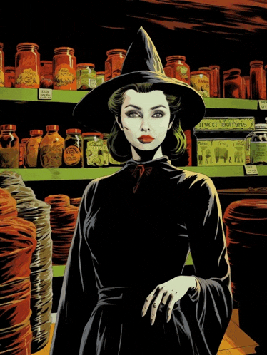 a woman in a witch costume is standing in front of a shelf full of jars including one that says sweet potatoes