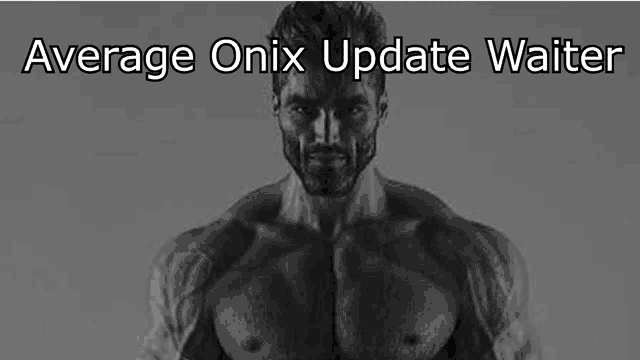 a black and white photo of a shirtless man with the words `` average onix update waiter '' written on it .