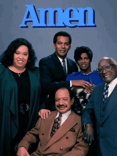 a group of people posing for a picture with the word amen on the top