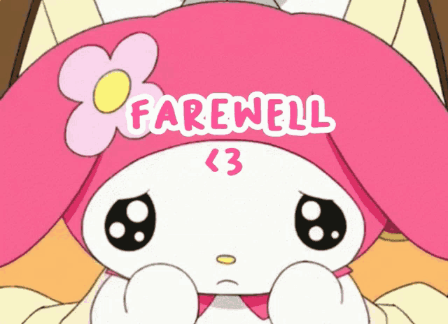 a pink hello kitty with the words farewell < 3 on the bottom