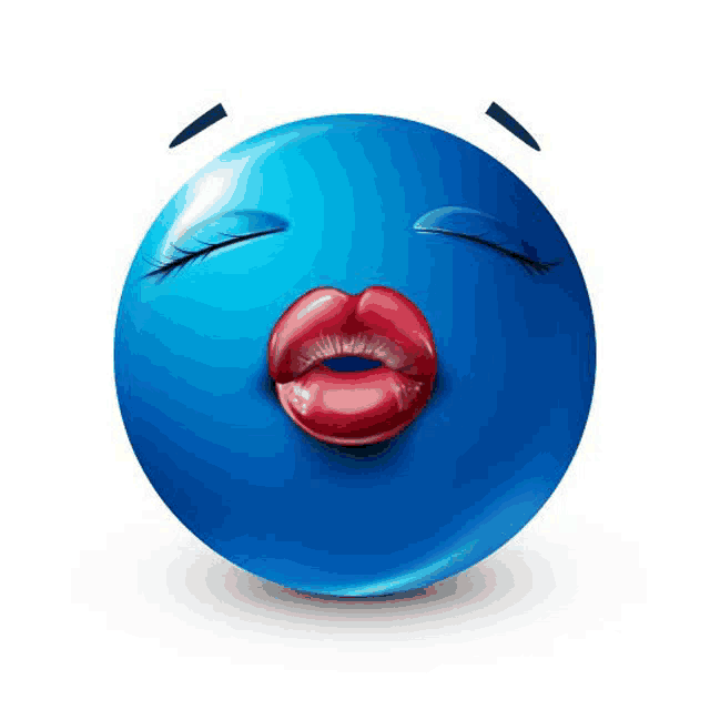 a blue smiley face is blowing a kiss with red lips