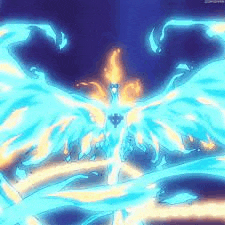 a phoenix with blue wings is surrounded by flames and water .