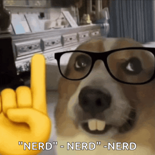 a dog wearing glasses and a yellow hand with the words " nerd " written on it