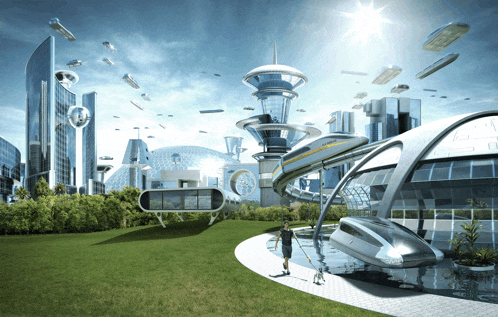 an artist 's impression of a futuristic city with flying cars