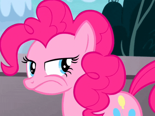 pinkie pie from my little pony looks angry and sad