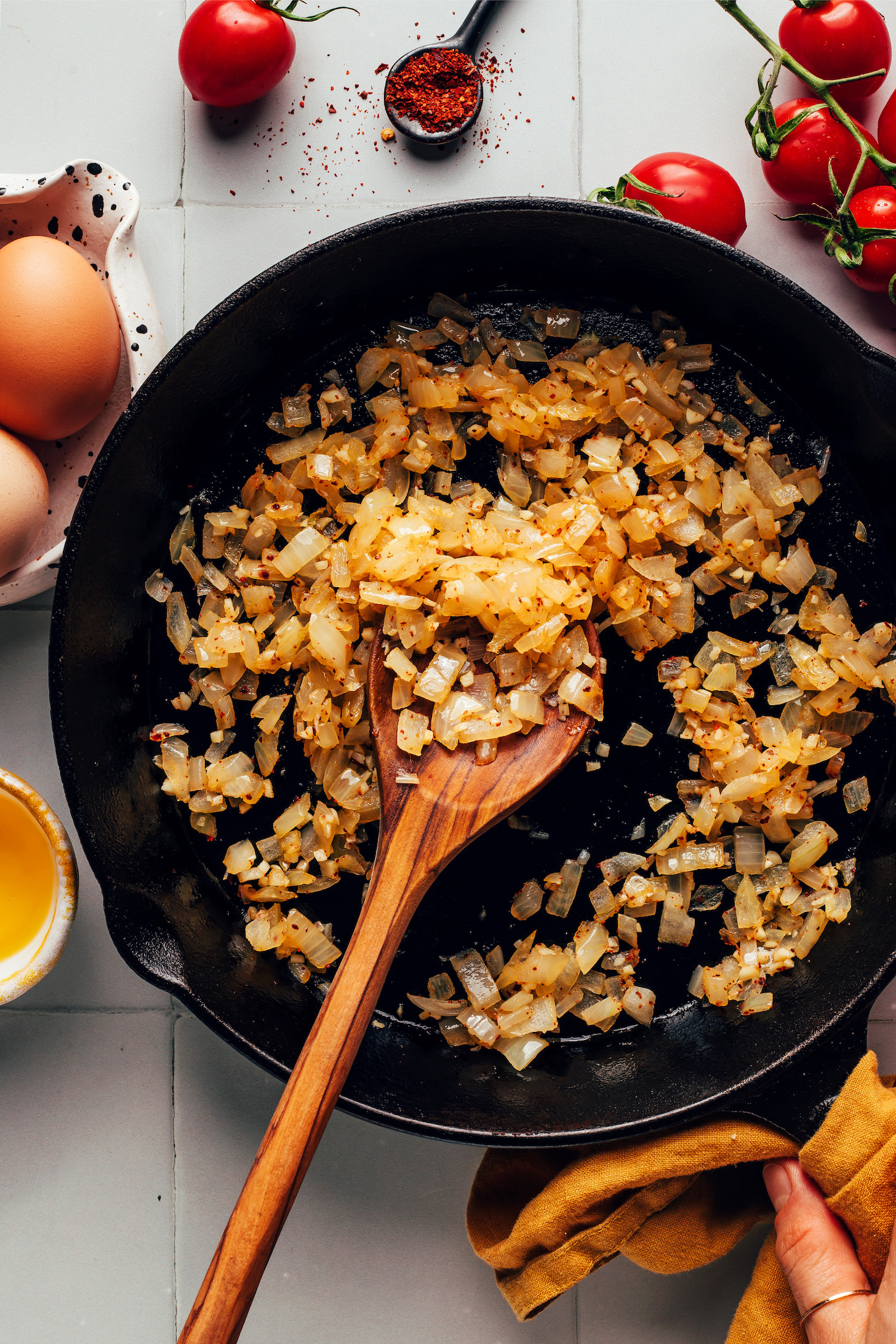 Skillet of sautéed onion, garlic, and red pepper flakes