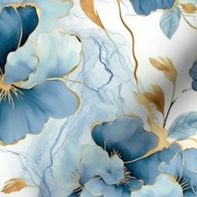 Luxurious Blue, Gold, and White Japanese Floral in Alcohol Ink