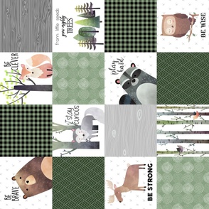 Woodland Critters Patchwork Quilt - Bear Moose Fox Raccoon Wolf, Forest Green Design GingerLous, ROTATED