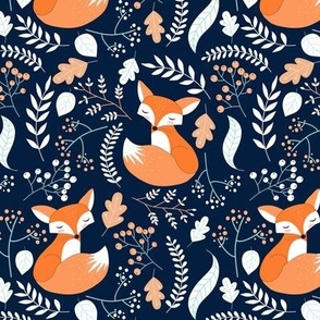 Fox - Sleepy Foxes (navy) Baby Nursery Woodland Animals Kids Childrens Bedding N10