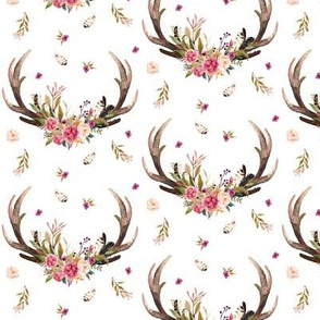 Antlers & Flowers - Pink Floral Feathers Deer Antler Baby Girl Nursery Crib Bedding B