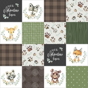 Woodland Animal Tracks Quilt Top – Brown + Green Patchwork Cheater Quilt, Style F