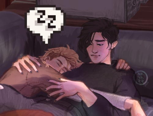 Close-up of drawing of Sam and Sebastian, lying with tangled legs on the black couch in Sebastian's basement room.