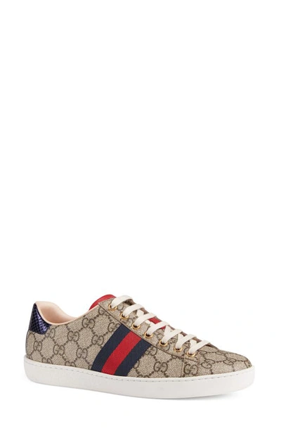 Gucci Ace Gg Supreme Metallic Watersnake-trimmed Logo-print Coated-canvas Sneakers In Beige