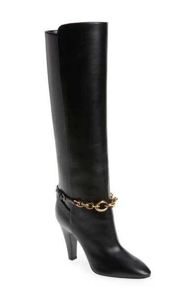 Saint Laurent Le Maillon Chain-embellished Leather Knee Boots In Black