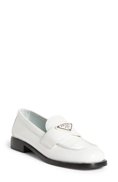 Prada Calfskin Logo Flat Loafers In White