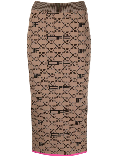 Off-white Intarsia-knit Arrows-logo Pencil Skirt In Brown Black